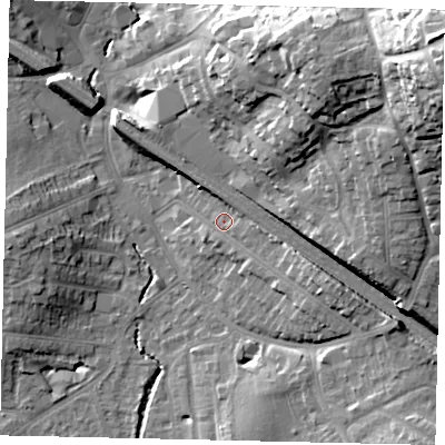 Shaded relief map of the ground around HA55HJ, computed from Environment Agency LiDAR. The ground here sits at about 52 m above sea level and falls 36 m across the surrounding 800 m. Surface water reaching this point runs off ground lying to the east-south-east, 7.3 m higher.