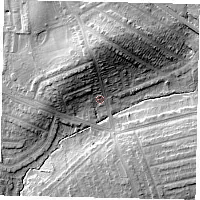 Shaded relief map of the ground around HA55HX, computed from Environment Agency LiDAR. The ground here sits at about 48 m above sea level and falls 19 m across the surrounding 800 m. Surface water reaching this point runs off ground lying to the north-north-west, 14.0 m higher.