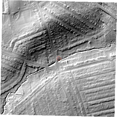 Shaded relief map of the ground around HA55HY, computed from Environment Agency LiDAR. The ground here sits at about 46 m above sea level and falls 20 m across the surrounding 800 m. Surface water reaching this point runs off ground lying to the north-north-west, 16.9 m higher.