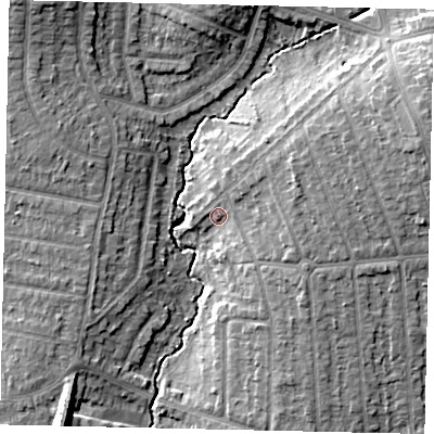 Shaded relief map of the ground around HA55JE, computed from Environment Agency LiDAR. The ground here sits at about 46 m above sea level and falls 12 m across the surrounding 800 m. Surface water reaching this point runs off ground lying to the east-north-east, 6.1 m higher.