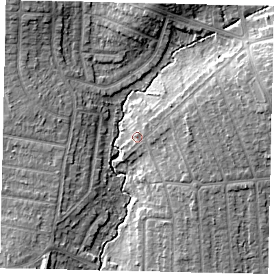 Shaded relief map of the ground around HA55JF, computed from Environment Agency LiDAR. The ground here sits at about 47 m above sea level and falls 13 m across the surrounding 800 m. Surface water reaching this point runs off ground lying to the east-north-east, 2.5 m higher.