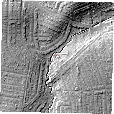 Shaded relief map of the ground around HA55JG, computed from Environment Agency LiDAR. The ground here sits at about 45 m above sea level and falls 15 m across the surrounding 800 m. Surface water reaching this point runs off ground lying to the east, 7.0 m higher.