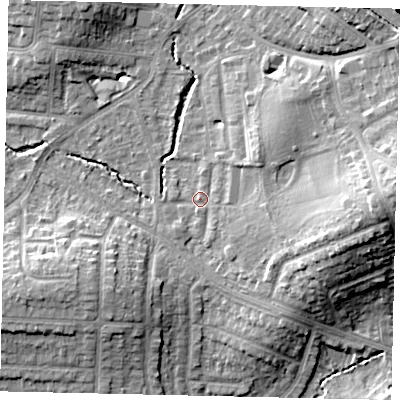 Shaded relief map of the ground around HA55JR, computed from Environment Agency LiDAR. The ground here sits at about 49 m above sea level and falls 18 m across the surrounding 800 m. Surface water reaching this point runs off ground lying to the east, 13.1 m higher.