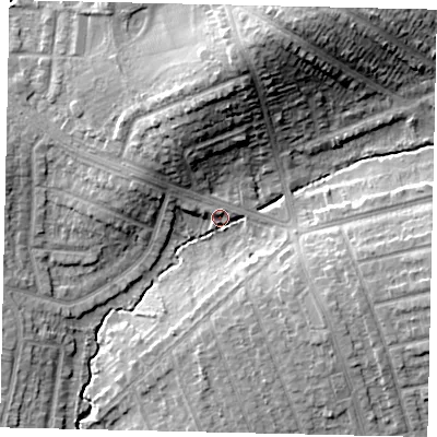 Shaded relief map of the ground around HA55JY, computed from Environment Agency LiDAR. The ground here sits at about 46 m above sea level and falls 20 m across the surrounding 800 m. Surface water reaching this point runs off ground lying to the west-north-west, 5.4 m higher.