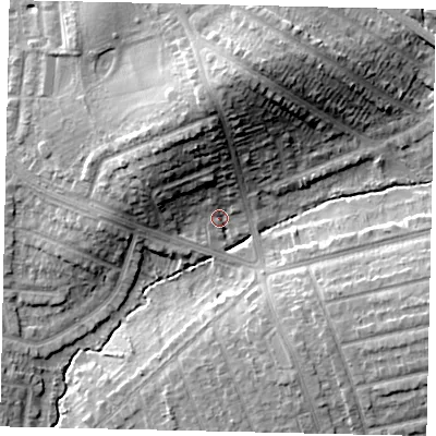 Shaded relief map of the ground around HA55LB, computed from Environment Agency LiDAR. The ground here sits at about 47 m above sea level and falls 19 m across the surrounding 800 m. Surface water reaching this point runs off ground lying to the north, 16.4 m higher.