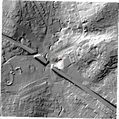 Shaded relief map of the ground around HA55LU, computed from Environment Agency LiDAR. The ground here sits at about 52 m above sea level and falls 23 m across the surrounding 800 m. Surface water reaching this point runs off ground lying to the south, 7.3 m higher.
