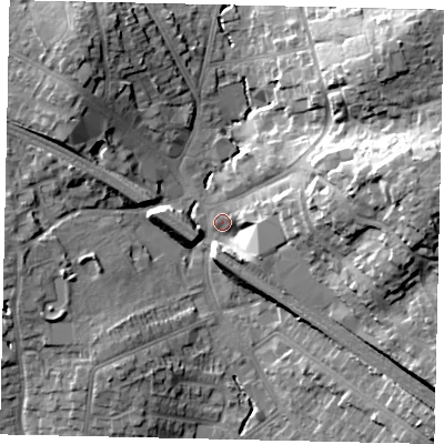 Shaded relief map of the ground around HA55LX, computed from Environment Agency LiDAR. The ground here sits at about 49 m above sea level and falls 23 m across the surrounding 800 m. Surface water reaching this point runs off ground lying to the east-north-east, 22.6 m higher.