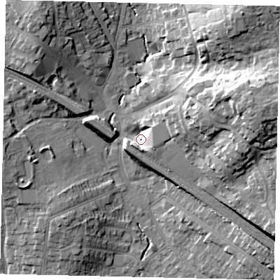 Shaded relief map of the ground around HA55LZ, computed from Environment Agency LiDAR. The ground here sits at about 50 m above sea level and falls 23 m across the surrounding 800 m. Surface water reaching this point runs off ground lying to the south, 7.3 m higher.