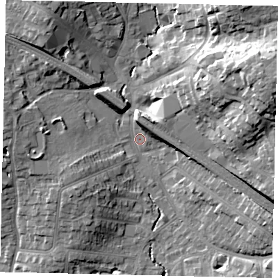 Shaded relief map of the ground around HA55NA, computed from Environment Agency LiDAR. The ground here sits at about 49 m above sea level and falls 25 m across the surrounding 800 m. Surface water reaching this point runs off ground lying to the east-north-east, 22.6 m higher.