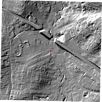 Shaded relief map of the ground around HA55NE, computed from Environment Agency LiDAR. The ground here sits at about 48 m above sea level and falls 25 m across the surrounding 800 m. Surface water reaching this point runs off ground lying to the west, 9.2 m higher.