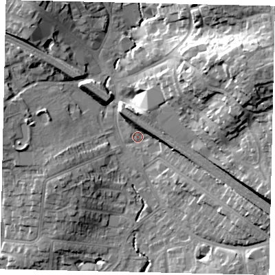 Shaded relief map of the ground around HA55NF, computed from Environment Agency LiDAR. The ground here sits at about 49 m above sea level and falls 25 m across the surrounding 800 m. Surface water reaching this point runs off ground lying to the north-north-east, 5.9 m higher.