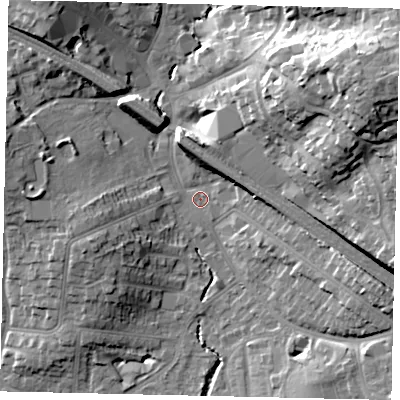 Shaded relief map of the ground around HA55NG, computed from Environment Agency LiDAR. The ground here sits at about 49 m above sea level and falls 25 m across the surrounding 800 m. Surface water reaching this point runs off ground lying to the north-east, 18.8 m higher.