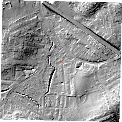Shaded relief map of the ground around HA55NT, computed from Environment Agency LiDAR. The ground here sits at about 48 m above sea level and falls 23 m across the surrounding 800 m. Surface water reaching this point runs off ground lying to the south-east, 14.1 m higher.