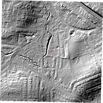 Shaded relief map of the ground around HA55NX, computed from Environment Agency LiDAR. The ground here sits at about 48 m above sea level and falls 16 m across the surrounding 800 m. Surface water reaching this point runs off ground lying to the east, 2.8 m higher.
