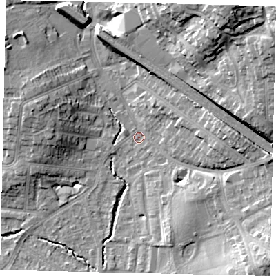 Shaded relief map of the ground around HA55PA, computed from Environment Agency LiDAR. The ground here sits at about 48 m above sea level and falls 27 m across the surrounding 800 m. Surface water reaching this point runs off ground lying to the east, 10.7 m higher.