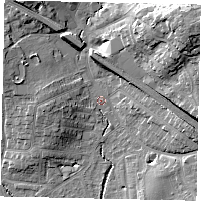 Shaded relief map of the ground around HA55PB, computed from Environment Agency LiDAR. The ground here sits at about 49 m above sea level and falls 25 m across the surrounding 800 m. Surface water reaching this point runs off ground lying to the west, 7.9 m higher.