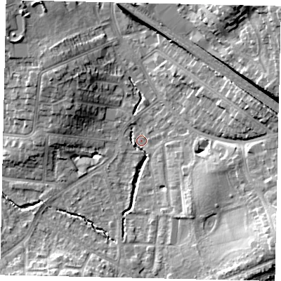 Shaded relief map of the ground around HA55PF, computed from Environment Agency LiDAR. The ground here sits at about 48 m above sea level and falls 19 m across the surrounding 800 m. Surface water reaching this point runs off ground lying to the south-east, 15.0 m higher.