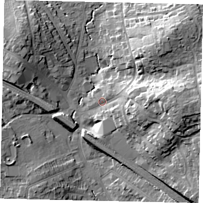 Shaded relief map of the ground around HA55PJ, computed from Environment Agency LiDAR. The ground here sits at about 52 m above sea level and falls 23 m across the surrounding 800 m. Surface water reaching this point runs off ground lying to the east, 14.9 m higher.