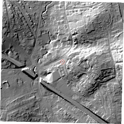 Shaded relief map of the ground around HA55PW, computed from Environment Agency LiDAR. The ground here sits at about 55 m above sea level and falls 30 m across the surrounding 800 m. Surface water reaching this point runs off ground lying to the east, 12.4 m higher.