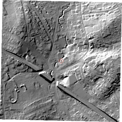 Shaded relief map of the ground around HA55QQ, computed from Environment Agency LiDAR. The ground here sits at about 50 m above sea level and falls 23 m across the surrounding 800 m. Surface water reaching this point runs off ground lying to the east, 21.8 m higher.