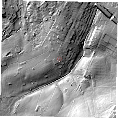 Shaded relief map of the ground around HA61HN, computed from Environment Agency LiDAR. The ground here sits at about 63 m above sea level and falls 43 m across the surrounding 800 m. Surface water reaching this point runs off ground lying to the north, 1.8 m higher.