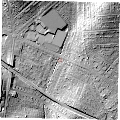 Shaded relief map of the ground around HA61QW, computed from Environment Agency LiDAR. The ground here sits at about 65 m above sea level and falls 30 m across the surrounding 800 m. Surface water reaching this point runs off ground lying to the north-east, 22.1 m higher.