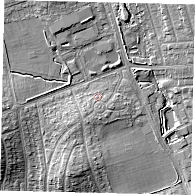 Shaded relief map of the ground around HA71AB, computed from Environment Agency LiDAR. The ground here sits at about 64 m above sea level and falls 12 m across the surrounding 800 m. Surface water reaching this point runs off ground lying to the south-south-west, 2.7 m higher.