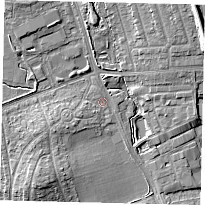 Shaded relief map of the ground around HA71AR, computed from Environment Agency LiDAR. The ground here sits at about 62 m above sea level and falls 13 m across the surrounding 800 m. Surface water reaching this point runs off ground lying to the north-west, 5.9 m higher.