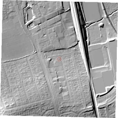 Shaded relief map of the ground around HA71BG, computed from Environment Agency LiDAR. The ground here sits at about 59 m above sea level and falls 16 m across the surrounding 800 m. Surface water reaching this point runs off ground lying to the south, 9.8 m higher.