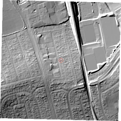 Shaded relief map of the ground around HA71DA, computed from Environment Agency LiDAR. The ground here sits at about 63 m above sea level and falls 16 m across the surrounding 800 m. Surface water reaching this point runs off ground lying to the south-west, 3.4 m higher.