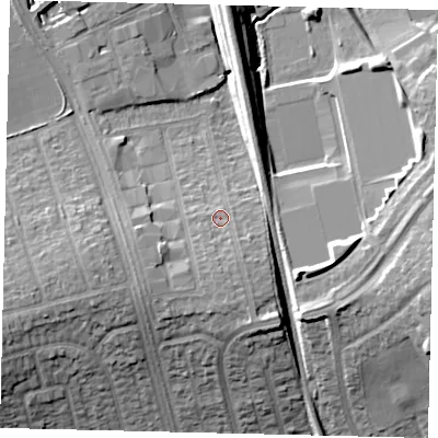 Shaded relief map of the ground around HA71DB, computed from Environment Agency LiDAR. The ground here sits at about 63 m above sea level and falls 14 m across the surrounding 800 m. Surface water reaching this point runs off ground lying to the south, 3.5 m higher.