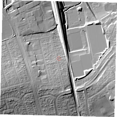 Shaded relief map of the ground around HA71DD, computed from Environment Agency LiDAR. The ground here sits at about 62 m above sea level and falls 15 m across the surrounding 800 m. Surface water reaching this point runs off ground lying to the south, 4.7 m higher.