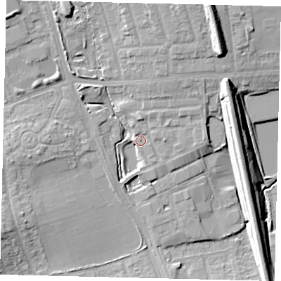 Shaded relief map of the ground around HA71FH, computed from Environment Agency LiDAR. The ground here sits at about 62 m above sea level and falls 16 m across the surrounding 800 m. Surface water reaching this point runs off ground lying to the north-north-east, 7.2 m higher.