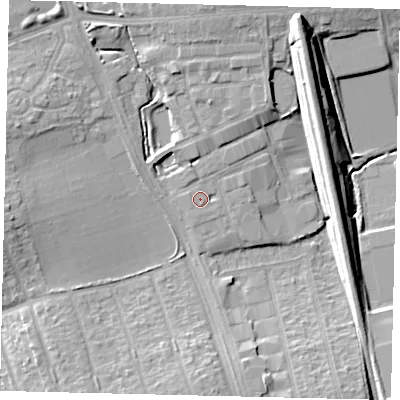 Shaded relief map of the ground around HA71NR, computed from Environment Agency LiDAR. The ground here sits at about 61 m above sea level and falls 16 m across the surrounding 800 m. Surface water reaching this point runs off ground lying to the north-east, 12.1 m higher.