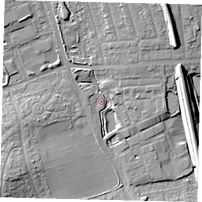 Shaded relief map of the ground around HA71QX, computed from Environment Agency LiDAR. The ground here sits at about 61 m above sea level and falls 14 m across the surrounding 800 m. Surface water reaching this point runs off ground lying to the north-west, 3.3 m higher.