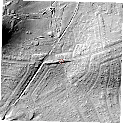 Shaded relief map of the ground around HA72DL, computed from Environment Agency LiDAR. The ground here sits at about 64 m above sea level and falls 38 m across the surrounding 800 m. Surface water reaching this point runs off ground lying to the west-north-west, 28.0 m higher.