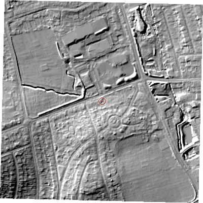 Shaded relief map of the ground around HA72DU, computed from Environment Agency LiDAR. The ground here sits at about 63 m above sea level and falls 12 m across the surrounding 800 m. Surface water reaching this point runs off ground lying to the south, 3.7 m higher.