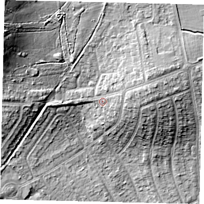 Shaded relief map of the ground around HA72EE, computed from Environment Agency LiDAR. The ground here sits at about 64 m above sea level and falls 28 m across the surrounding 800 m. Surface water reaching this point runs off ground lying to the east-north-east, 5.3 m higher.