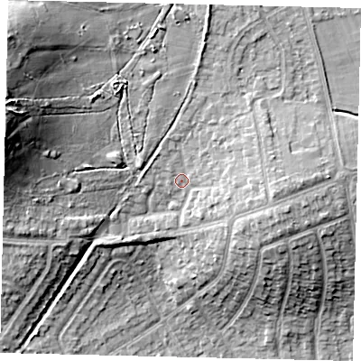 Shaded relief map of the ground around HA72EH, computed from Environment Agency LiDAR. The ground here sits at about 66 m above sea level and falls 27 m across the surrounding 800 m. Surface water reaching this point runs off ground lying to the east, 4.5 m higher.