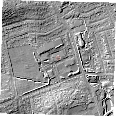 Shaded relief map of the ground around HA72EQ, computed from Environment Agency LiDAR. The ground here sits at about 64 m above sea level and falls 16 m across the surrounding 800 m. Surface water reaching this point runs off ground lying to the north, 2.6 m higher.