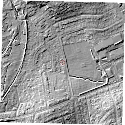 Shaded relief map of the ground around HA72PJ, computed from Environment Agency LiDAR. The ground here sits at about 66 m above sea level and falls 13 m across the surrounding 800 m. Surface water reaching this point runs off ground lying to the north-west, 5.7 m higher.