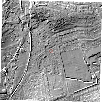 Shaded relief map of the ground around HA72PL, computed from Environment Agency LiDAR. The ground here sits at about 67 m above sea level and falls 14 m across the surrounding 800 m. Surface water reaching this point runs off ground lying to the north-west, 1.7 m higher.