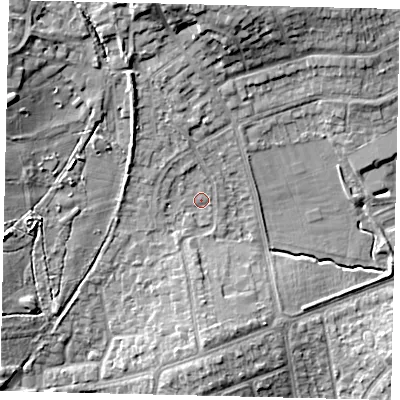 Shaded relief map of the ground around HA72PS, computed from Environment Agency LiDAR. The ground here sits at about 67 m above sea level and falls 13 m across the surrounding 800 m. Surface water reaching this point runs off ground lying to the south, 4.0 m higher.