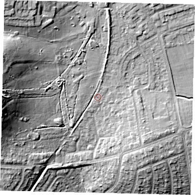 Shaded relief map of the ground around HA72QS, computed from Environment Agency LiDAR. The ground here sits at about 68 m above sea level and falls 24 m across the surrounding 800 m. Surface water reaching this point runs off ground lying to the north-west, 14.3 m higher.