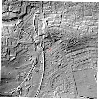 Shaded relief map of the ground around HA72RA, computed from Environment Agency LiDAR. The ground here sits at about 69 m above sea level and falls 18 m across the surrounding 800 m. Surface water reaching this point runs off ground lying to the north, 7.3 m higher.