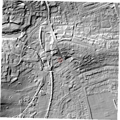Shaded relief map of the ground around HA72RH, computed from Environment Agency LiDAR. The ground here sits at about 71 m above sea level and falls 20 m across the surrounding 800 m. Surface water reaching this point runs off ground lying to the north, 6.0 m higher.