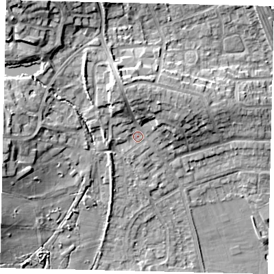 Shaded relief map of the ground around HA72RJ, computed from Environment Agency LiDAR. The ground here sits at about 70 m above sea level and falls 19 m across the surrounding 800 m. Surface water reaching this point runs off ground lying to the north-north-west, 6.8 m higher.