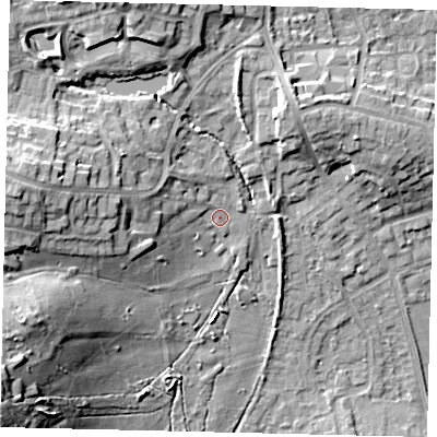 Shaded relief map of the ground around HA72RL, computed from Environment Agency LiDAR. The ground here sits at about 71 m above sea level and falls 24 m across the surrounding 800 m. Surface water reaching this point runs off ground lying to the west-north-west, 4.4 m higher.