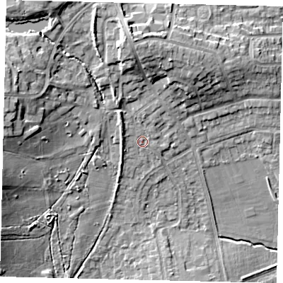 Shaded relief map of the ground around HA72RN, computed from Environment Agency LiDAR. The ground here sits at about 69 m above sea level and falls 16 m across the surrounding 800 m. Surface water reaching this point runs off ground lying to the north-west, 2.8 m higher.