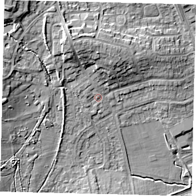 Shaded relief map of the ground around HA72RP, computed from Environment Agency LiDAR. The ground here sits at about 69 m above sea level and falls 17 m across the surrounding 800 m. Surface water reaching this point runs off ground lying to the north-west, 10.6 m higher.